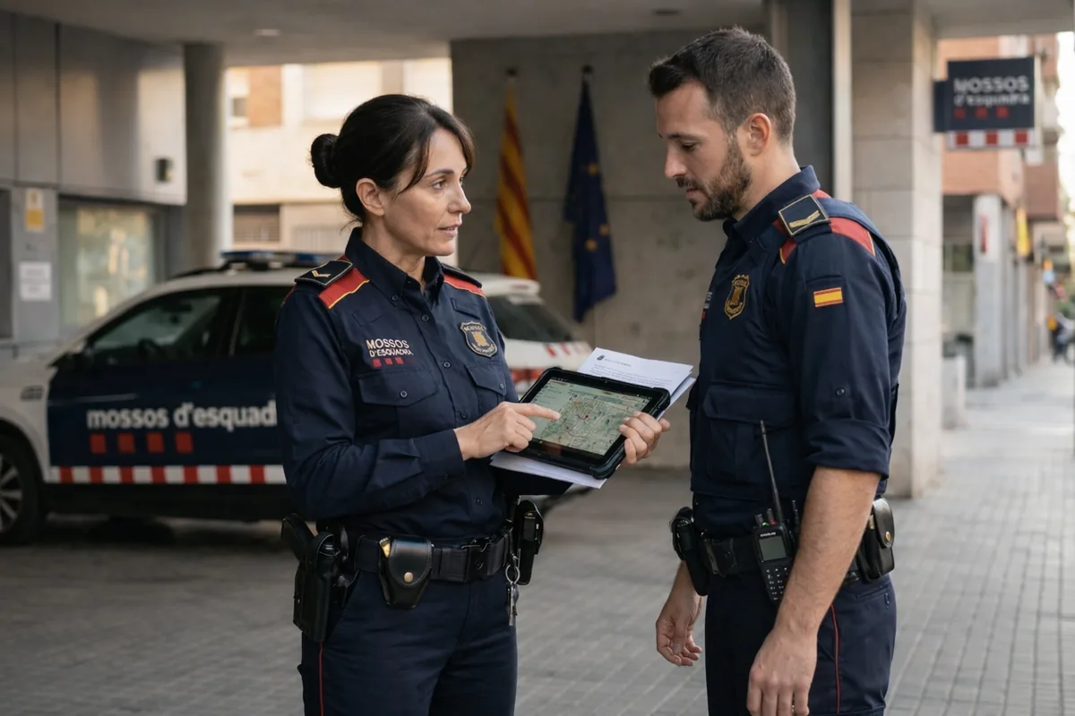 Oficiales Mossos d'Esquadra revisando información operativa